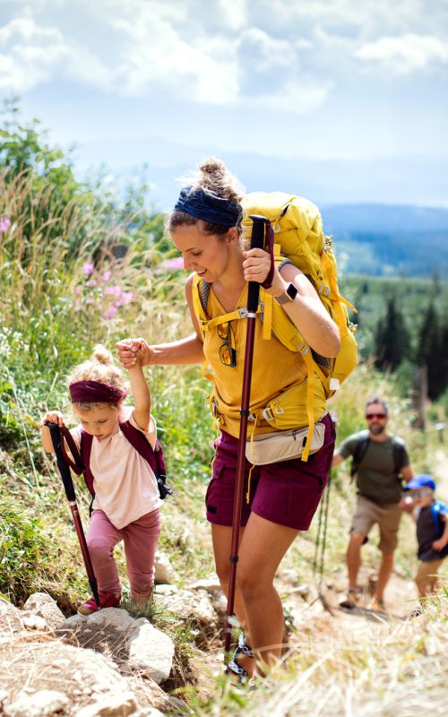 Happy family with small children hiking outdoors in summer nature, walking in High Tatras.